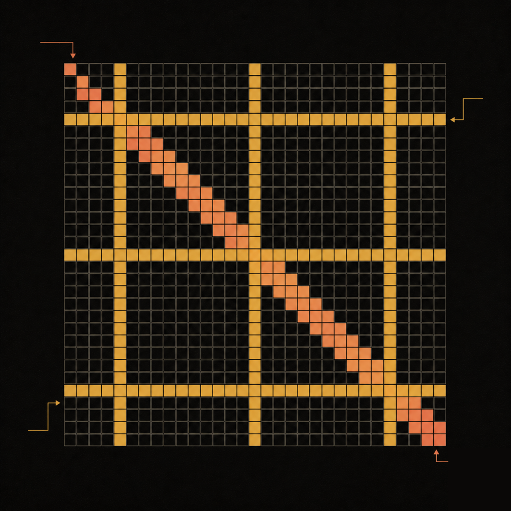 Longformer's sparse attention pattern — sliding window diagonal plus a few global tokens as crossing rows and columns